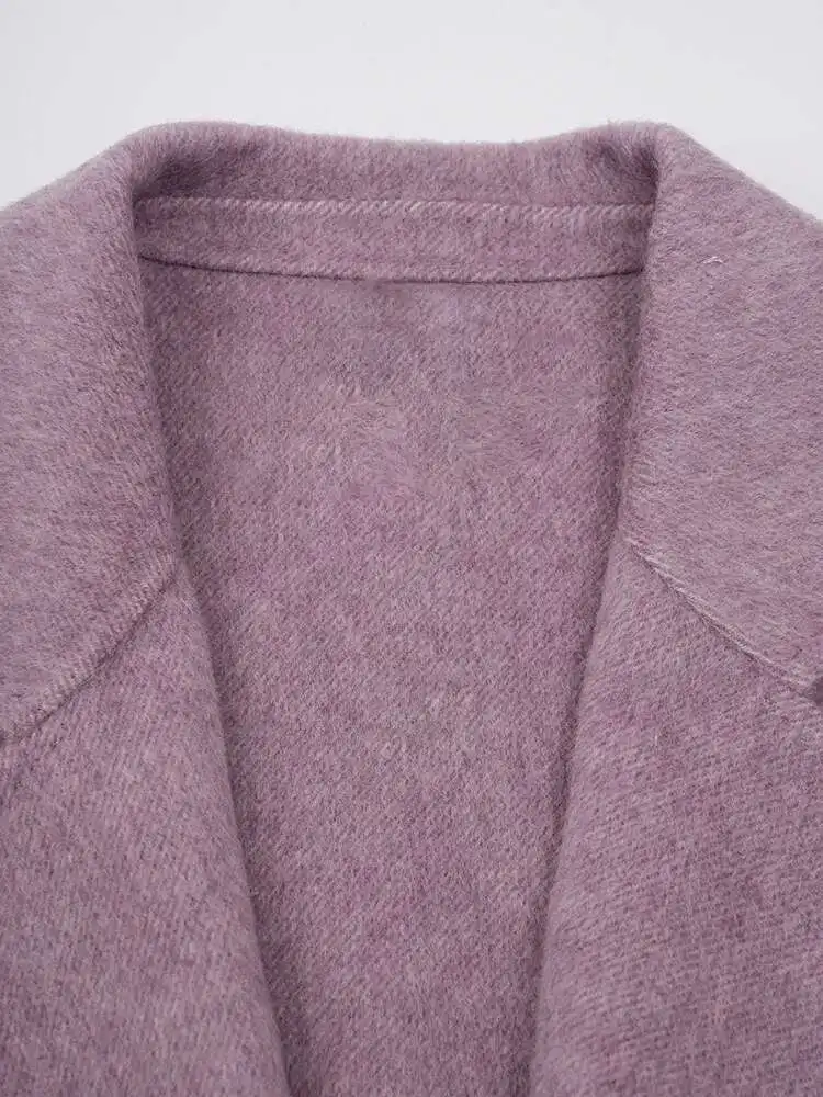 ZMEENNA Purple Pocket Belted Big Size Long Woolen Coat New Lapel Long Sleeve Women Jacket Fashion Tide Autumn Winter 2024 ZM453