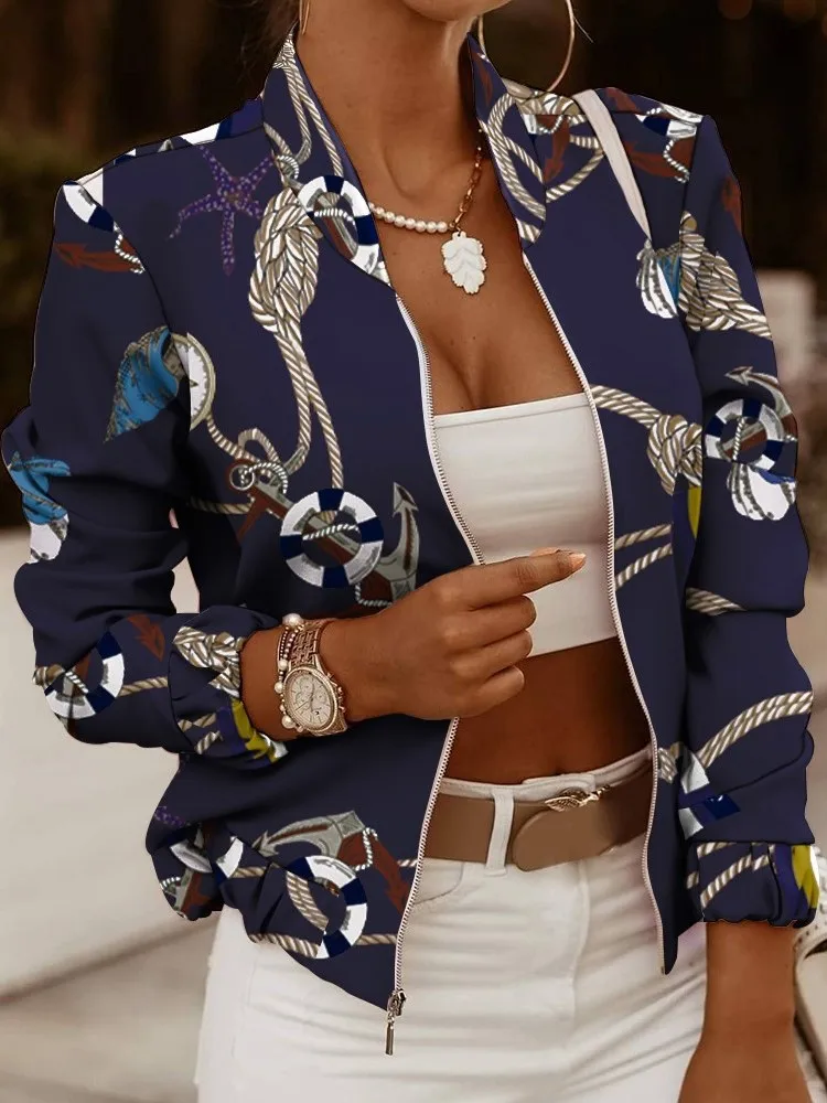 Fashion Women Jackets Slim Short Coats Autumn Vintage Print Long Sleeve Zipper Thin Jacket 2025 Casual Outerwear Female Jacket