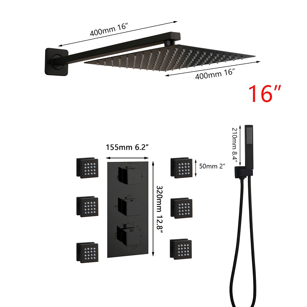 16 Matte Black Thermostatic Rain Shower Faucet Set Wall Mounted Brass Body Massage System Jet Manual Sprayer