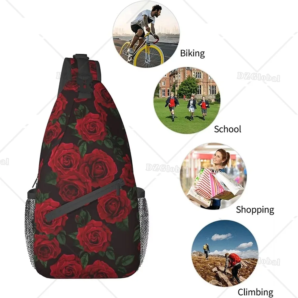 Red Rose Sling Bag for Women Men Crossbody Shoulder Backpack Unisex Chest Bags Water Resistant Travel Hiking Casual Daypack