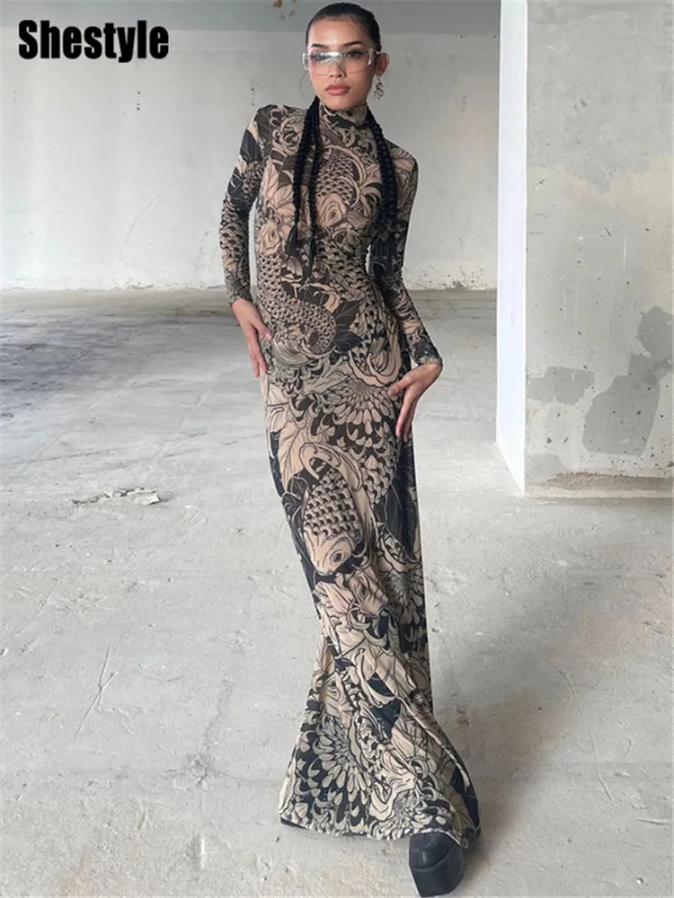 Shestyle Fish Printed See-Through Long Dresses Women Sheer Floor Length Nude Turleneck Flare Mesh Sexy Outfits Date Shopping