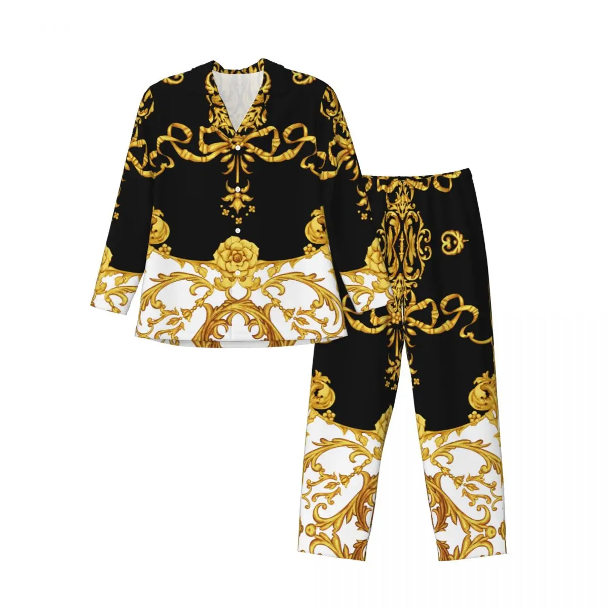 Golden Baroque Long-sleeved Trousers Pajamas for Men Autumn and Winter Homewear Sleepwear Sets