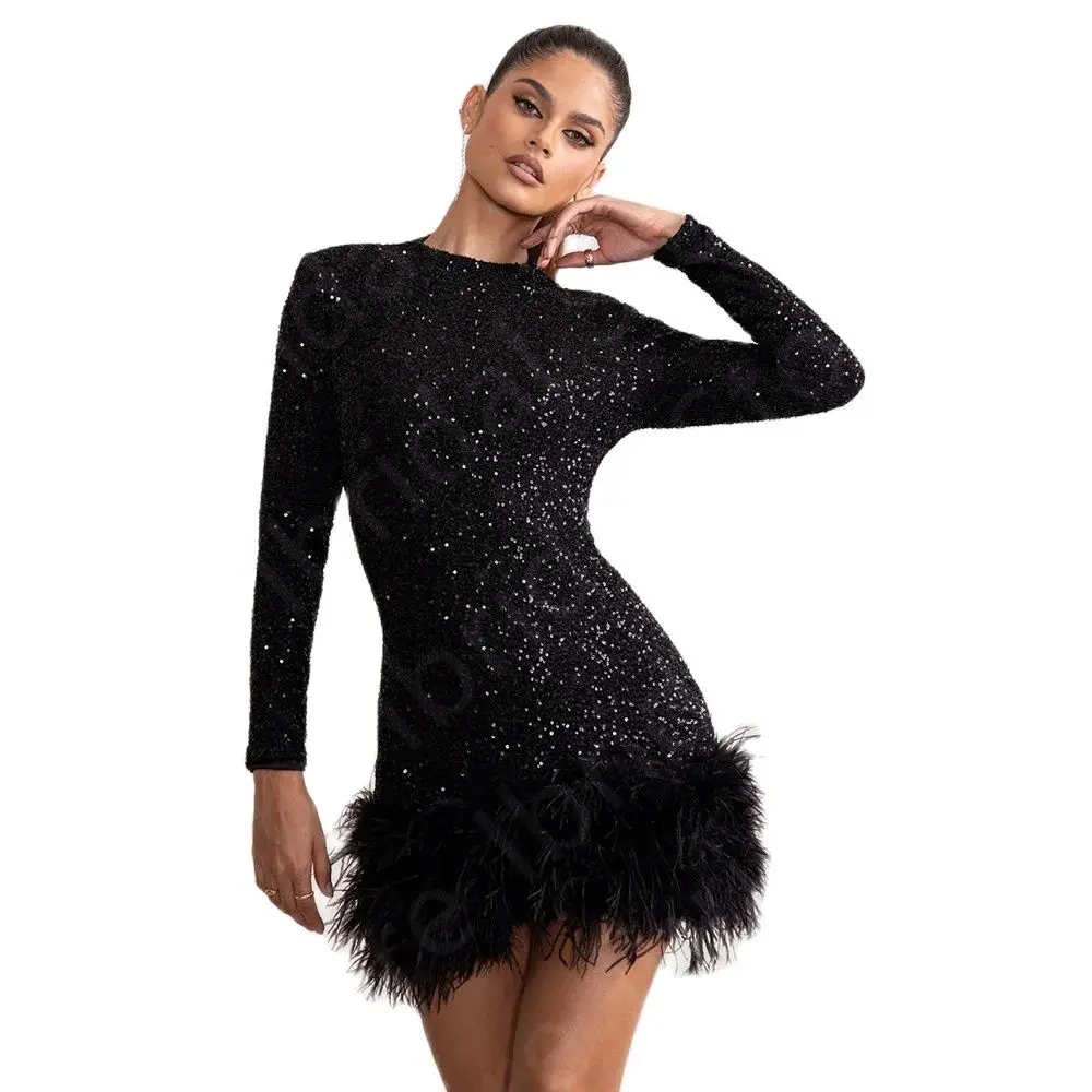 Petite robe noire à plumes personnalisée pour mère de la mariée, robe courte à manches longues, quelle que soit la mère de la mariée, robe de soirée de mariage à paillettes, 2024