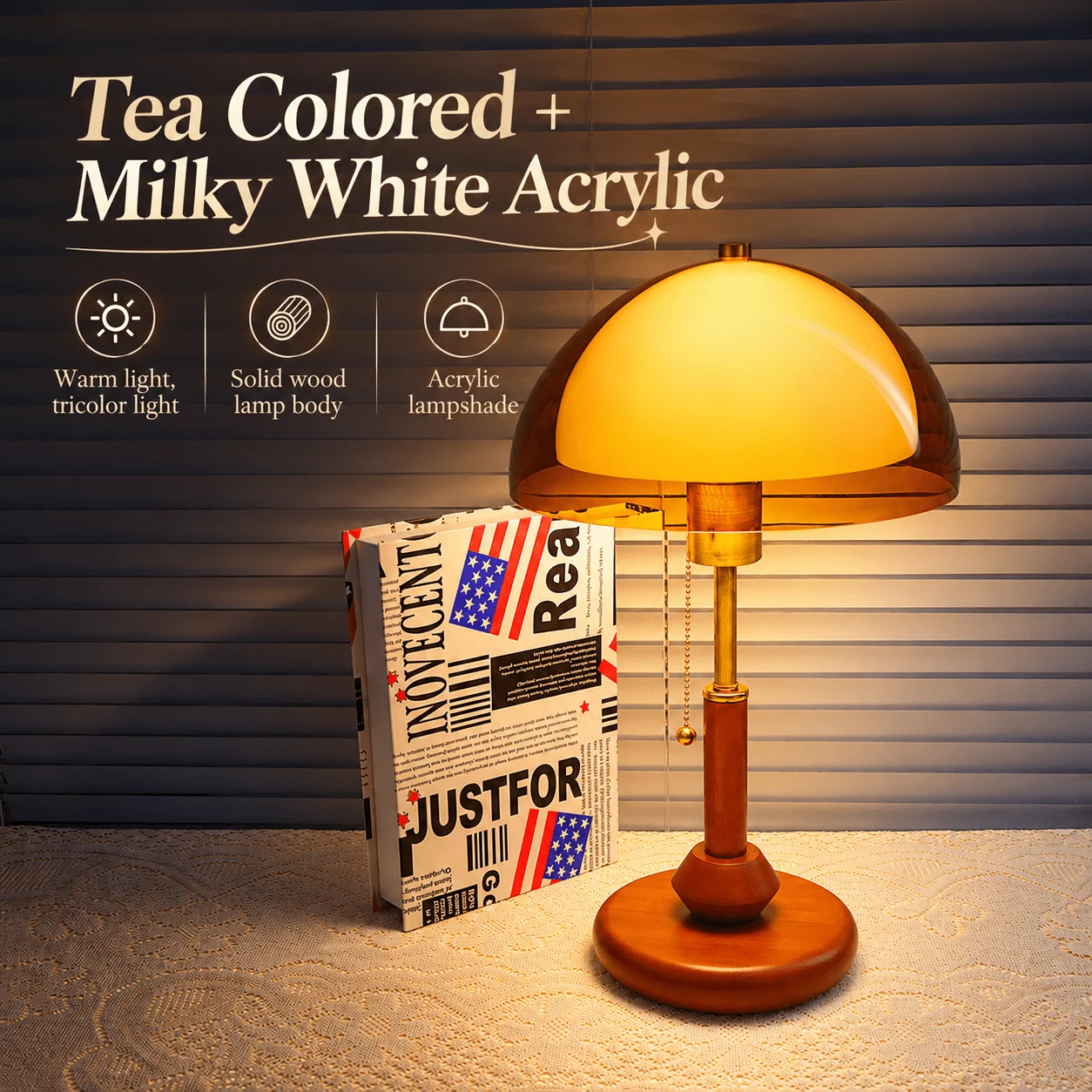 Persun Wooden Tricolor Desk Lamp Retro Minimalist LED Table Lamps Bedroom Bedside Flicker Free Mood Light Home Decor  Lights