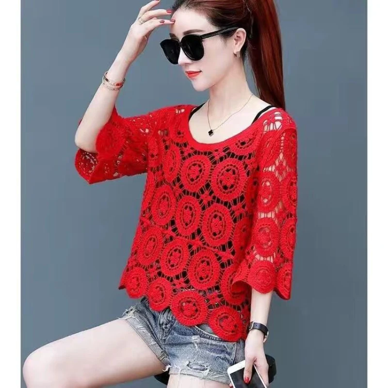 High Quality Women's Knitted Sweaters Female Hollow Out Pure Cotton Pullovers See Through Look Raglan Sleeve Loose Tops Q262