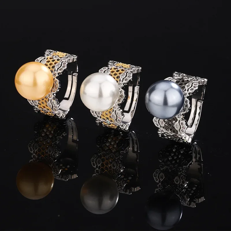 

Adjustable White Pearl Statement Pattern Ring for Women Round on Intricate Band Fashion Jewelry Gift Elegant Party Accessories