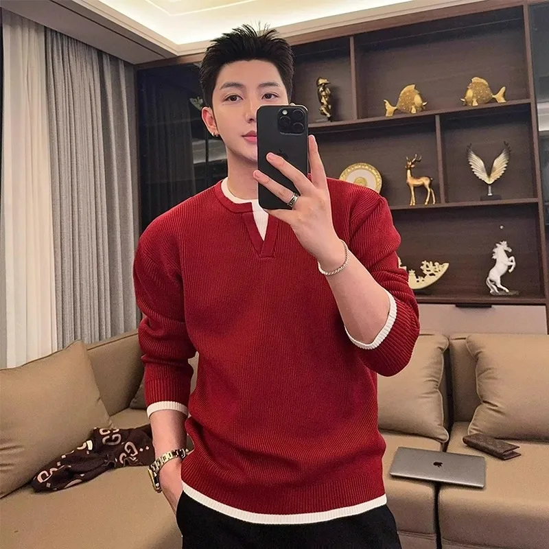 

Теплый вязаный свитер-двойка из искусственного трикотажа, облегающий, для мужчин и женщин, модный повседневный, с круглым вырезом, длинный рукав, полиэстер