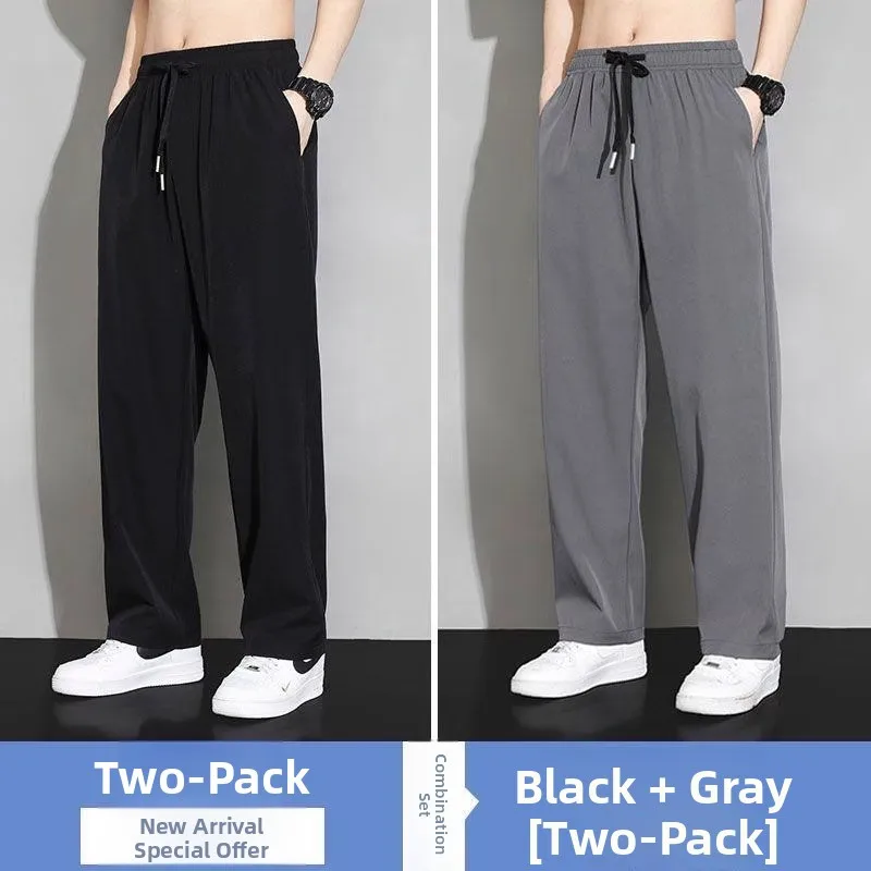 

Мужские летние повседневные брюки из тонкого ледяного шелка с прямыми штанинами, свободные спортивные длинные брюки из полиэфирного волокна, молодежная мода