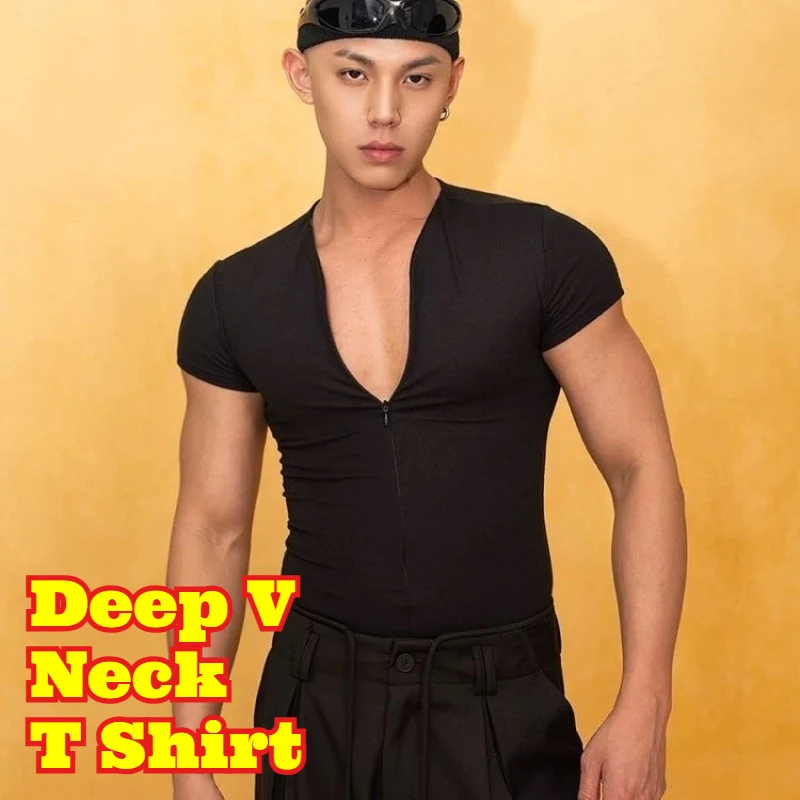 Men's Summer Black Slim Fit Zipper Deep V Neck Short Sleeve T Shirt Casual Trendy Undershirt Stretchy Athletic Gym Workout