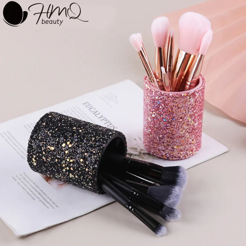 Glitter Cosmetic Brush Holder Cup Cylinder Makeup Organizer Desktop Vanity Storage for Beauty Tools Stationery Pens Table Decor