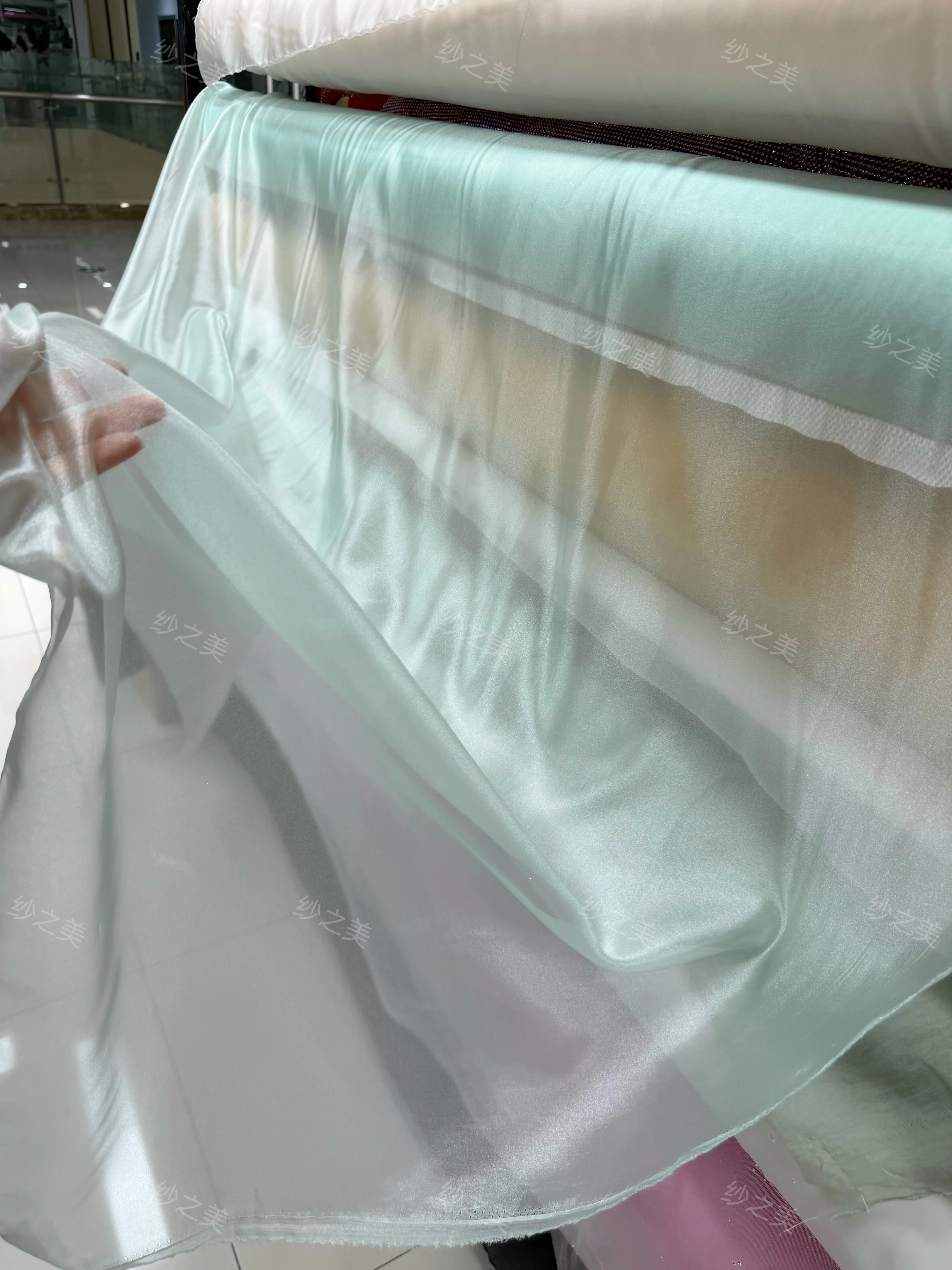 Hilo Super Transparente Perlado Azul Verde Menta para Ropa, Tela Decorativa para Ropa Hecha a Mano