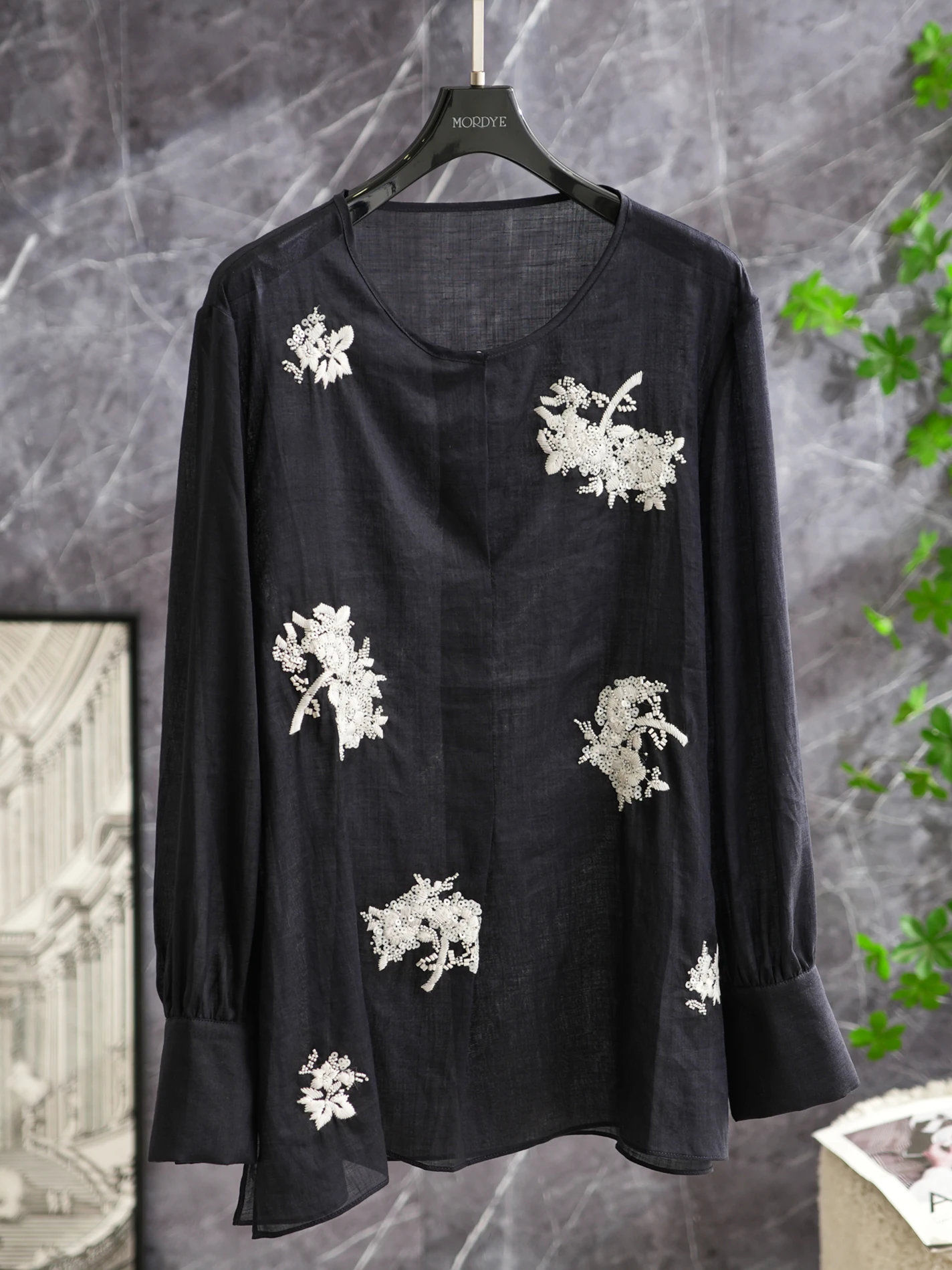 

Chic Embroidered Beaded Long Sleeve Silk Women's Shirt Sun Protection Draping Floral Design Straight Cut Summer Top