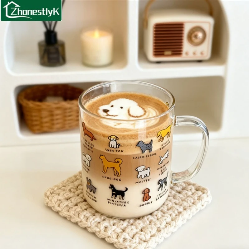 Korean Ins Style Cartoon Puppy Glass, Cute Pet Drinking Cup,high Temperature Resistant Water Cup with Handle, Breakfast Milk Mug