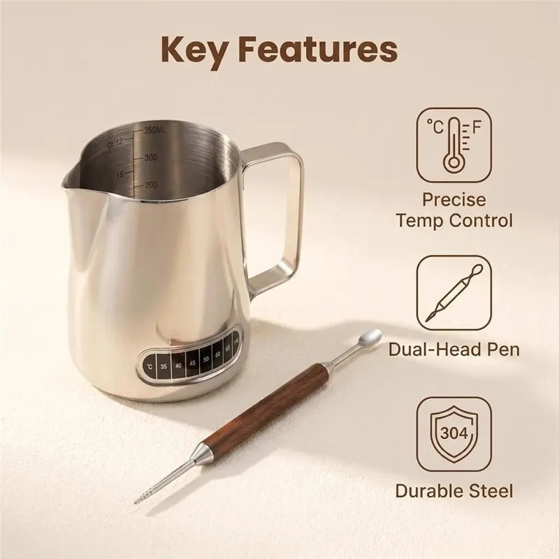 ABRU-Built-In Thermometer Milk Frothing Pitcher 350Ml Stainless Steel,Barista/Beginners Frother Cup With Latte Art Pen