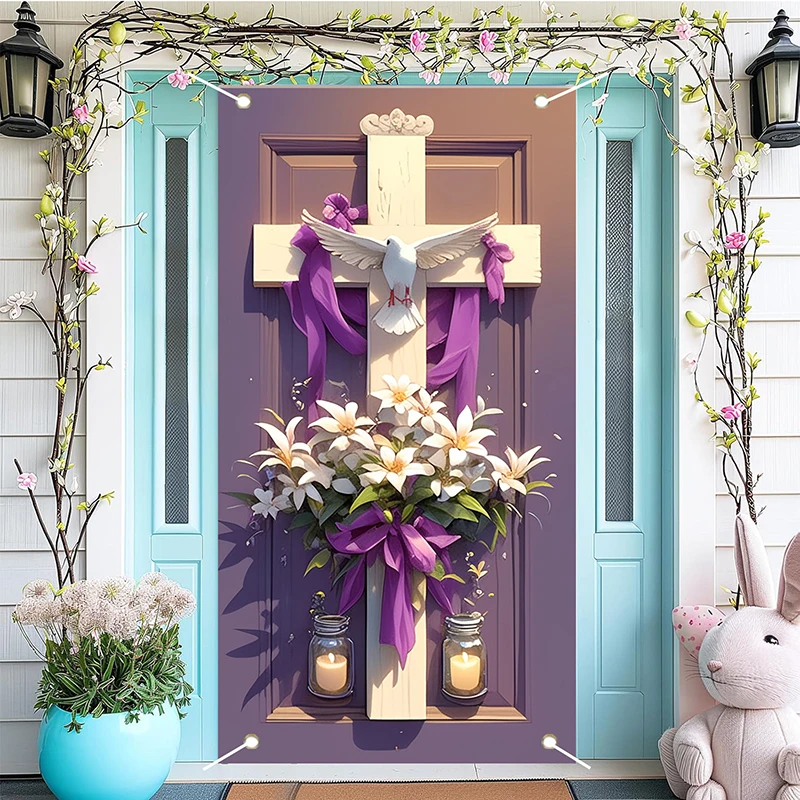 Capa de porta cruzada de páscoa, decoração de varanda roxa, banner perfeito para decorações de festa de primavera