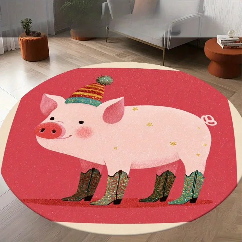 

Плюшевый коврик в виде свинки с милым дизайном свинки в шапке - мягкий, круглый, подходит для спальни, гостиной - можно стирать в машине