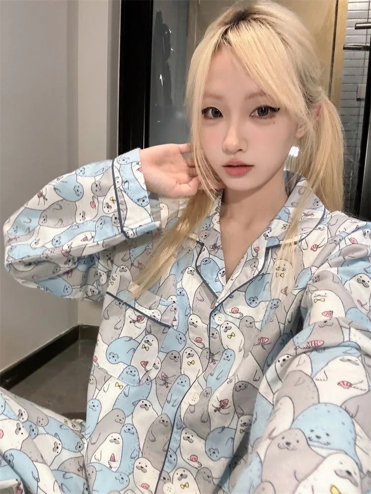 

Пижамный комплект с мультяшным принтом и принтом, женская осенняя одежда для дома, одежда для сна с длинными рукавами и пуговицами, кавайные пижамные комплекты, Y2K, ночная рубашка, домашняя одежда