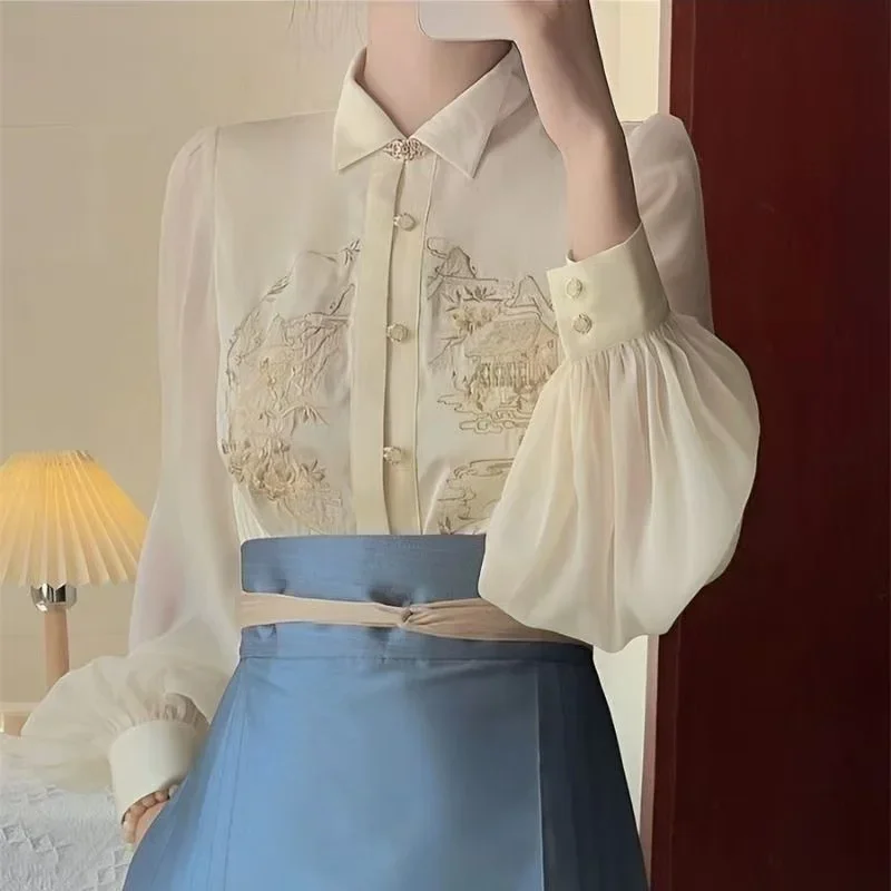 

chinese improved traditional ming dynasty hanfu women's long sleeve blouse long pleated printed skirt new daily hanfu set