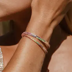 2023 New Fashion Trendy European Women Jewelry Micro Pave Rainbow CZ Thin Bangle Bracelet