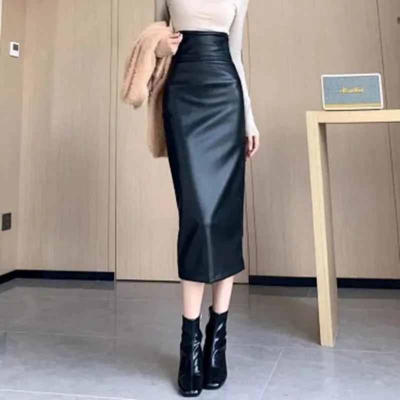 Women High Waist Ruched Faux Leather Skirt Slim Midi Pencil Skirt