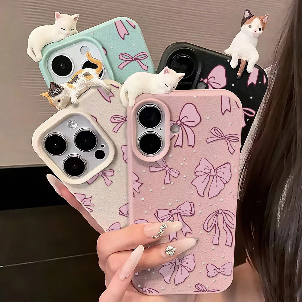 Rosa Schleife mit 3D süßer Katze Ledertasche für iPhone 17 Pro Max Cover iPhone 11 15 16 12 13 14 Pro Max 15 16 Plus stoßfeste Funda