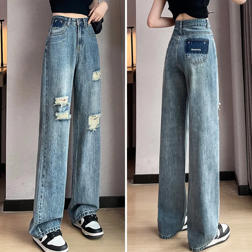 Imagem -02 - Light Blue Pierced Jeans Perna Reta para o Verão para Mulheres 2023 Novidades High Waisted Contraste Cor Solta Montagem Slim Wide Leg Pants