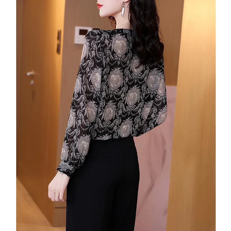 Elegant Vintage Print Chic Ruffle Lace V-Neck Loose Blouses Tops for Women Fashion Commute Loose Long Sleeve Shirts Clothes 2023