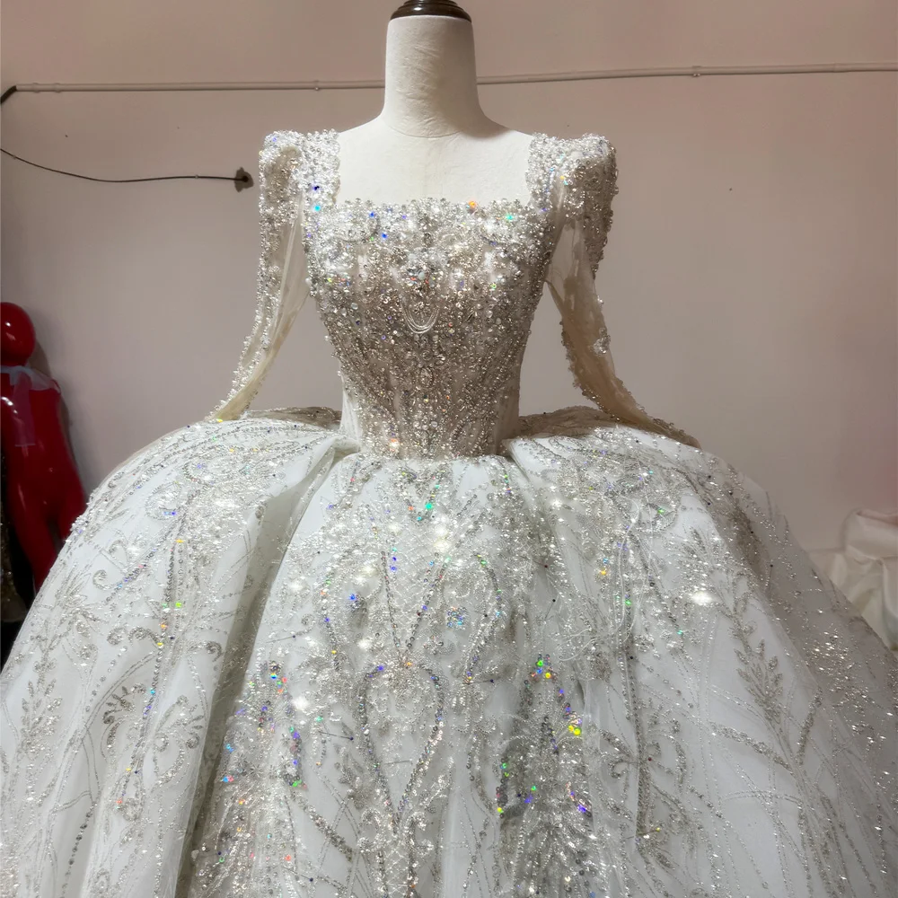 Vestido Boda Civil Dress Square Collar Long Sleeve Lace Up Back Customized Wedding Dresses