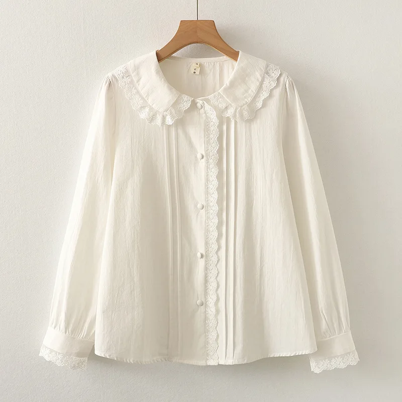 Fall clothes 2024 women Japanese style sweet peter pan collar lace patchwork shirts and blouses cotton lolita cute clothes