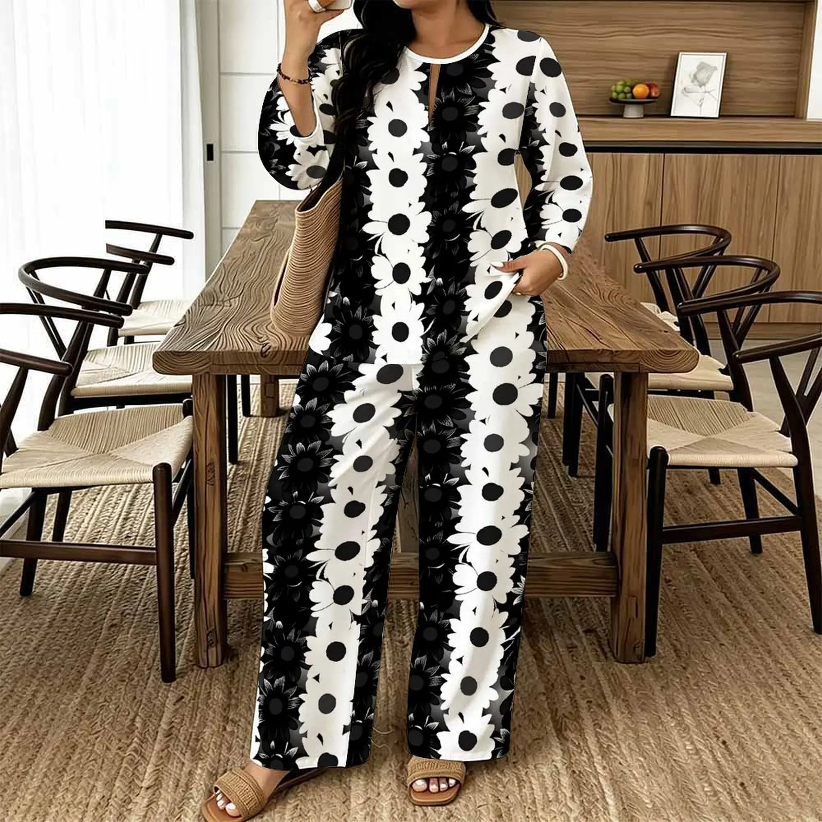 Women Spring/summer Print Two Piece Set Street Vacation Long Sleeves Fashion Retro Tops Everyday  Casual Long Pants
