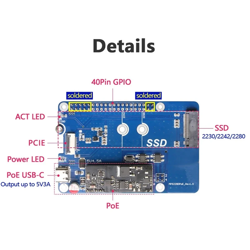 MPS2280 Poe For Raspberry Pi5 Poe PCIE To NVME SSD HAT Support 2230/2242/2280 SSD Support 5V4.5A Output Easy To Use