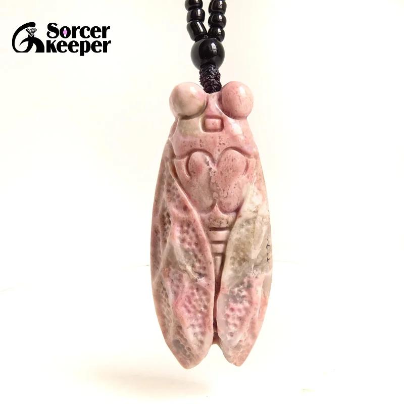 Natural Rhodonite Jasper Stone Cicada Pendant Beads Necklace Jadeite Jewelry Charm Reiki Amulet Carved Gifts for Women BH509H