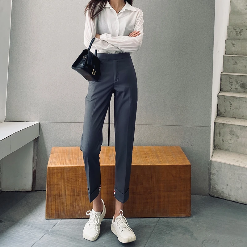 New Summer Vintage Women Pants Casual Classic Stripe Nine-point Gray Suit Pants Korean Fashion Straight-leg Pantalones De Mujer