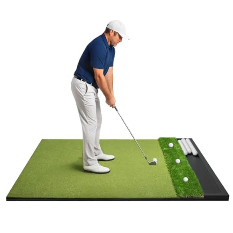 

Golf Hitting Mat with Ball Tray 5x4ft Dual-Turf Practice Mat for Indoor & Outdoor Use Golf Training Mat with Rubber Tee Holes, Suitable for Swing Driving & Chipping