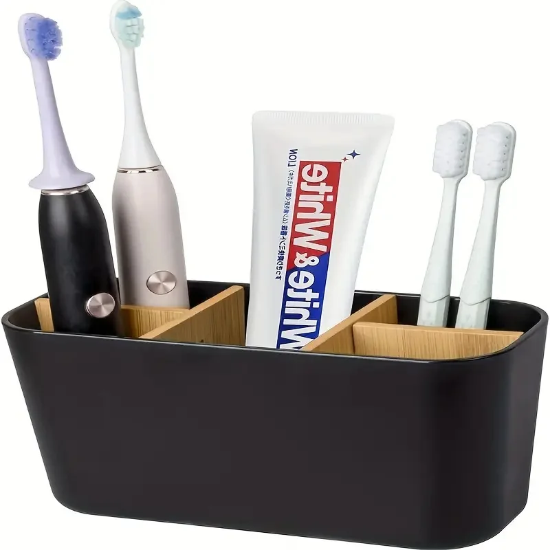Black Plastic Toothbrush Holder with Dividers, 5-Slot Bathroom Countertop Organizer, Lightweight, No Electricity Needed