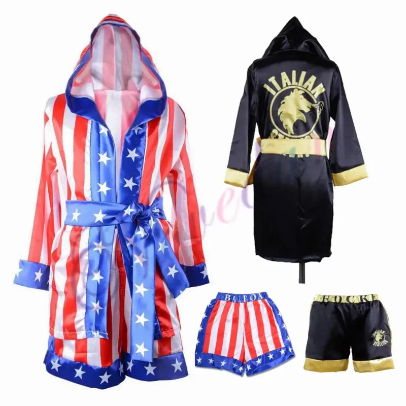 Rocky Balboa Apollo Movie Boxing American Flag Cosplay Costumes Kids Bathrobe Shorts Robe Boxing Costume Set Training Outfit