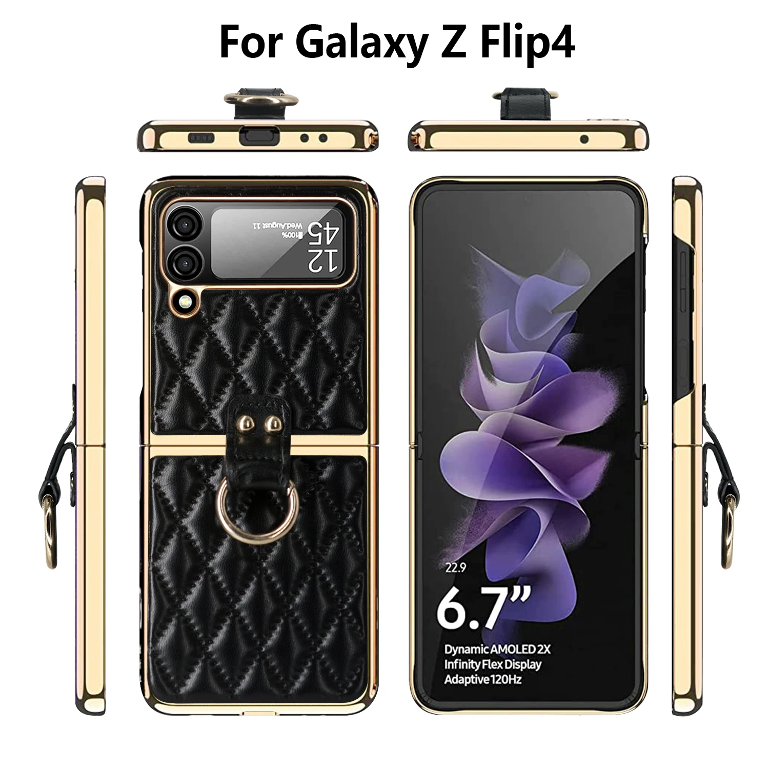 Vietao Luxus-Leder-Handyhülle für Samsung Galaxy Z Flip 8/7/6/5/4/3 mit vergoldetem Ringständer – Objektivschutzfolie, Pink – Detail 6