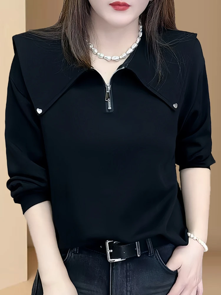 Minceur Long Sve T-irt femmes Faion Design f fermeture éclair automne nouveauté trajet Sle coréen coupe ample couleur Pure