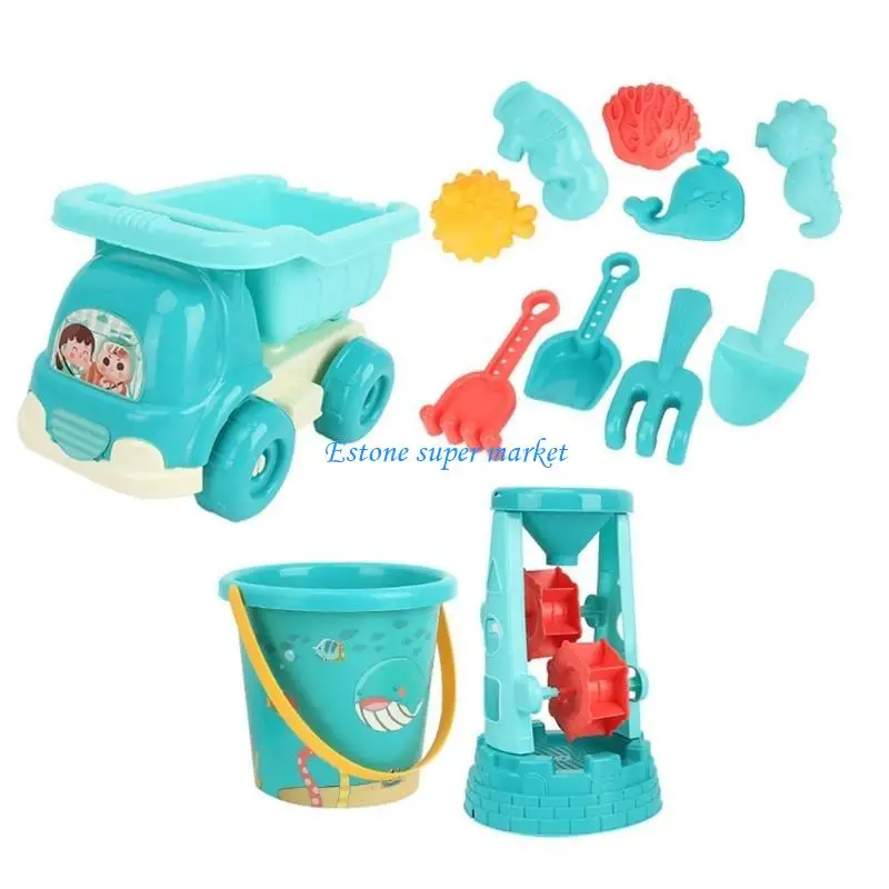 090bサンドトイビーチセットサンドホイール、トラック、バケツ、シャベル、レーキ、砂型の幼児用の建物キットを添えた12個