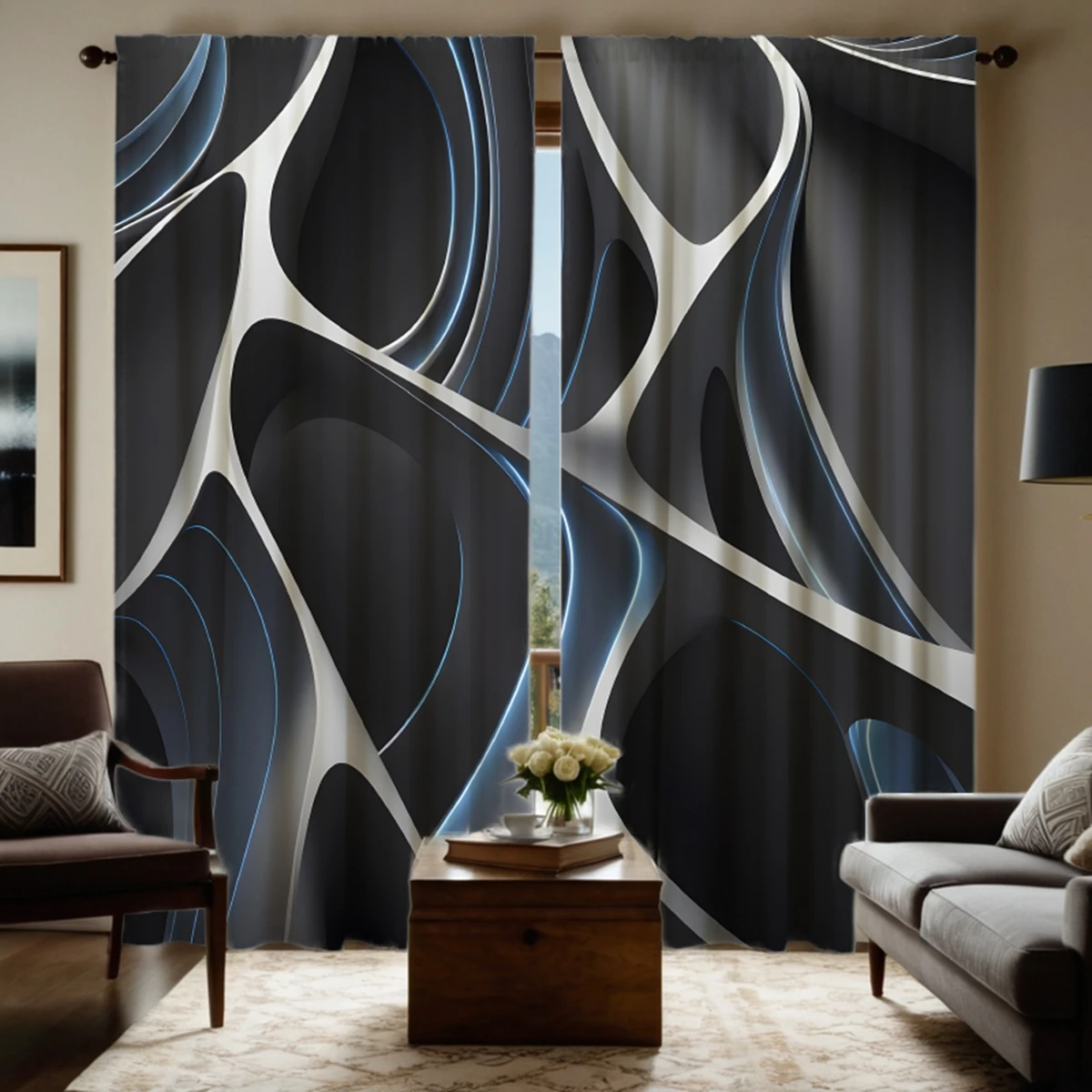 

2pcs set HD style wavy striped decorative curtain Black tie digital printed curtain Home Decoration style Decorated living ro