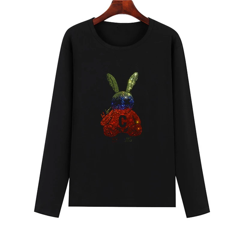 Casual women's wear 100% cotton T-shirt autumn new long-sleeved cartoon crystal shirt women's T-shirt