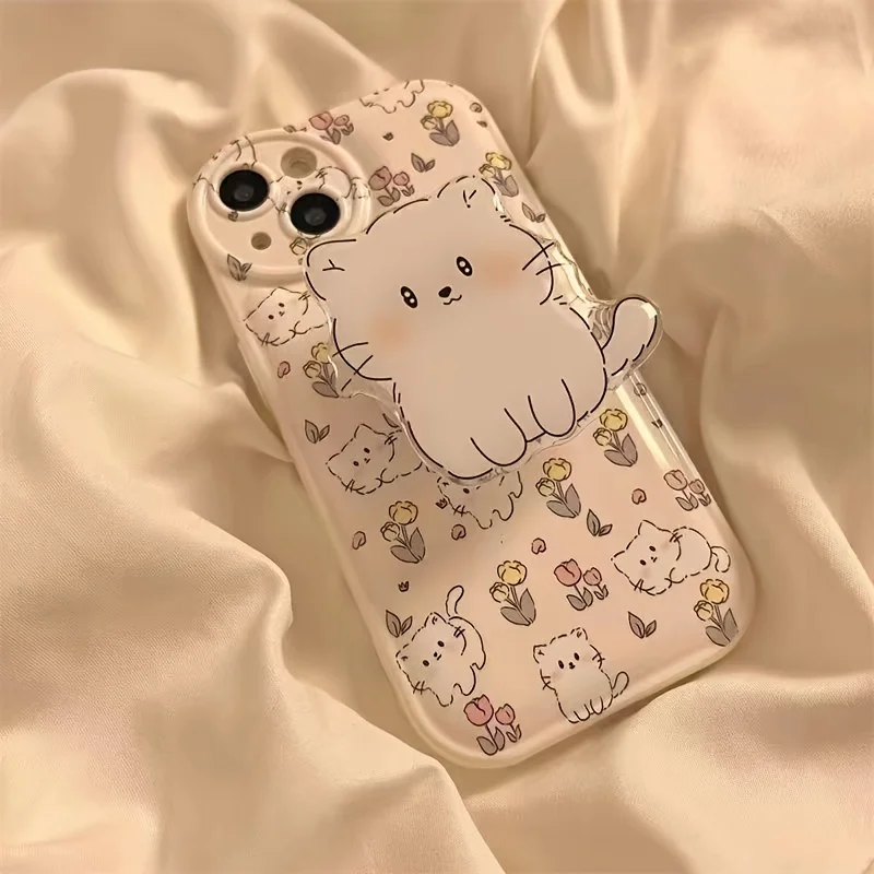 Coque de téléphone chat fleur mignon avec support, coque en silicone pour iPhone 14 Plus 7 8 X XS Poly 11 12 13 Pro Max