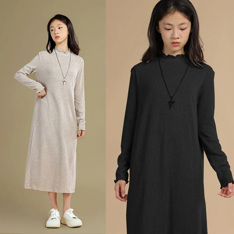 

Knit Tween Fall Dress Long Winter Fall Dresses For Teen Girls Full Sleeves Child Clothing Casual Sweaters Dress Black Beige