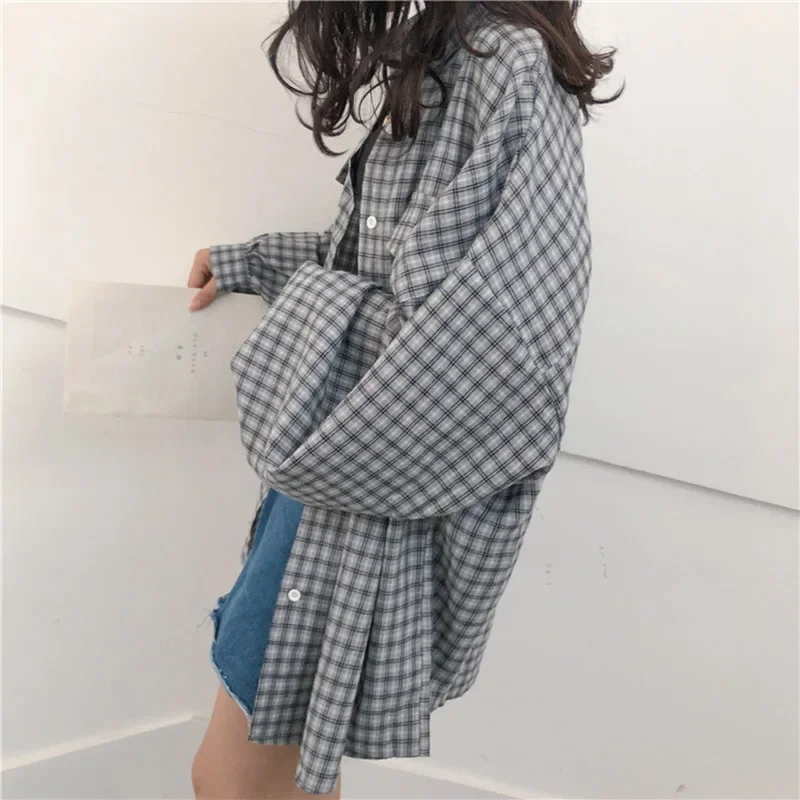 Long Sleeve Shirts Women Tops Thin Simple Casual Plaid Loose Korean Style Daily All-match Harajuku Student Womens Clothing Trend