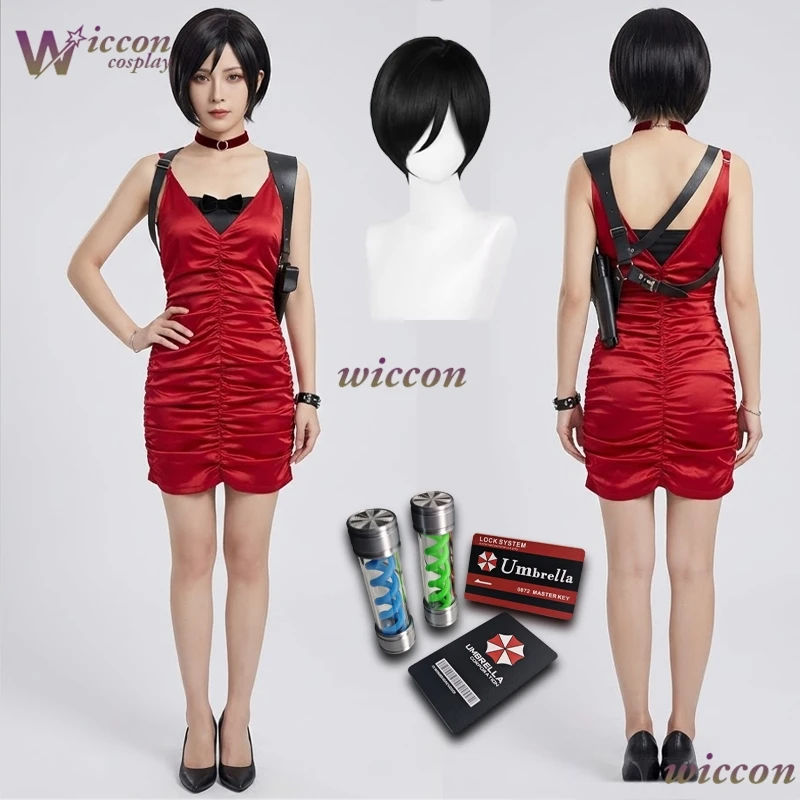 Halloween Evil Cosplay Biohaazard Outfit Props Women Sexy Full set Resident 2 4 Ada Wong Cosplay Costume Red Dress Gown view 2