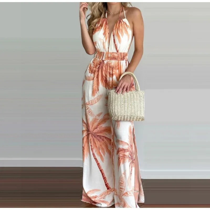 夏の新ファッション清新しいジャンプスーツ恋人ヨーロッパとアメリカ怠惰な優しいスリング女性のデジタル印刷ワイドレッグジャンプスーツ