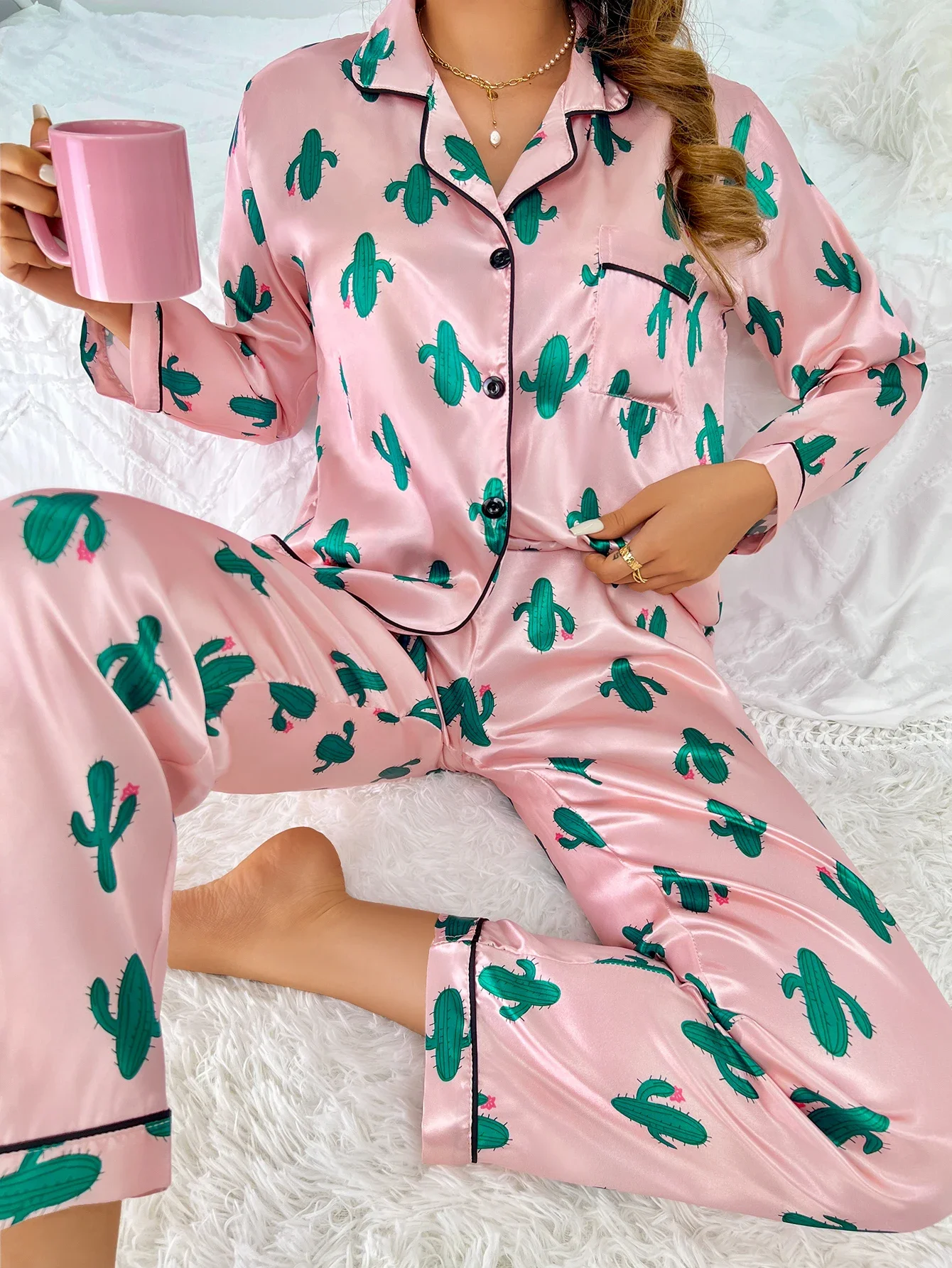 Sedan cactus long sleeved long pants home clothes cardigan set women's pajamas