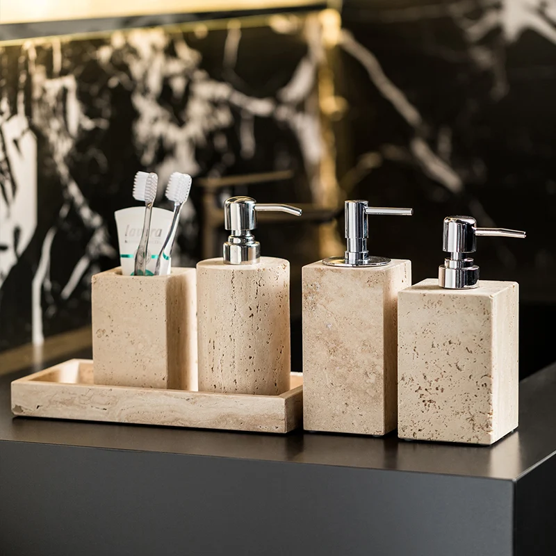 

Beige Travertine Bathroom Set Natural Marble Soap Dispenser Reed Diffuser Tissue Box Tray Bathroom Accessories