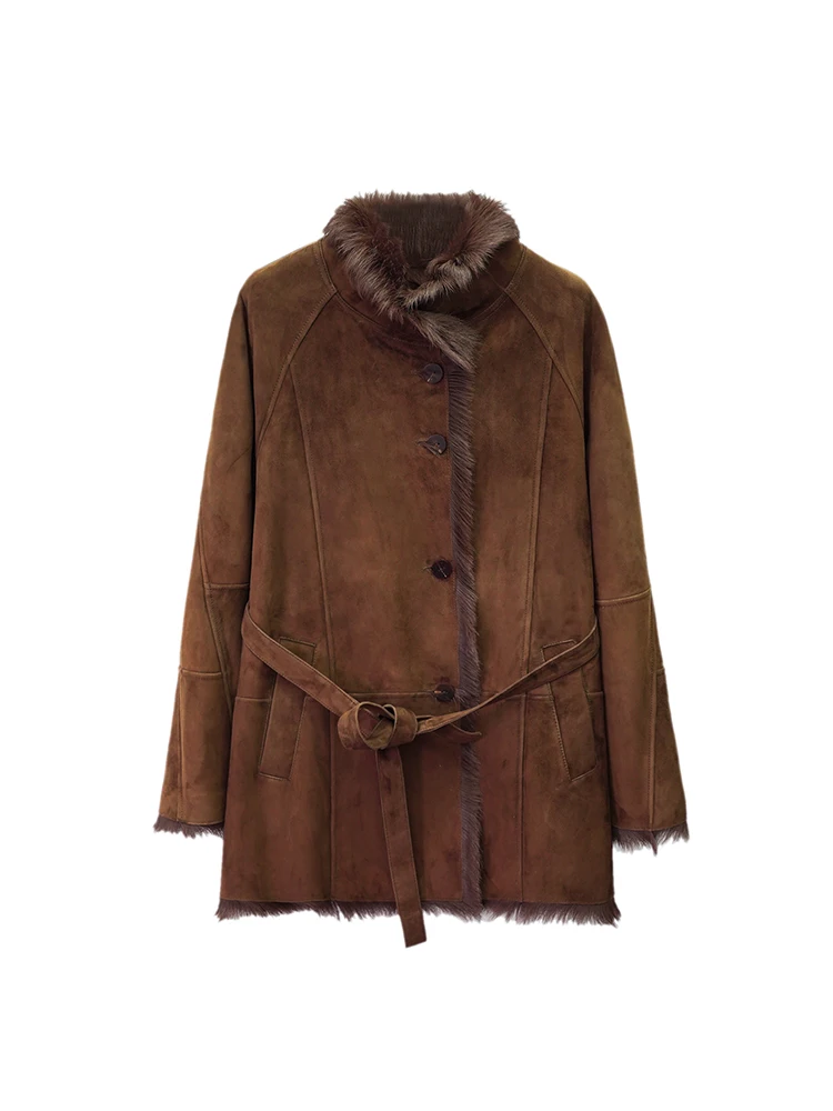 Luksusowe kurtki damskie zamszowe z owczej skóry Toskania, eleganckie, ze stójką, średniej długości, z prawdziwej skóry naturalnej z futrem i paskiem.