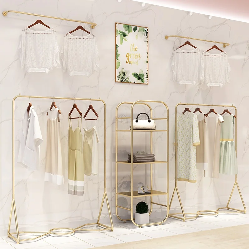 （customized）Factory Price  Metal Clothes Display Hangers Floor Standing Golden Lady Clothes Hanger Rack Single Rail Designed Clo